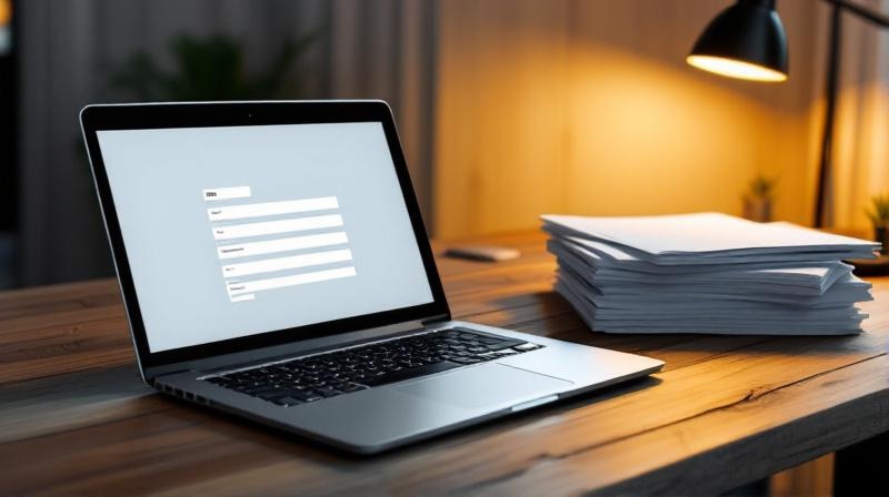Laptop-Bildschirm mit Online-Antragsformular, daneben gescannte Dokumente auf dem Schreibtisch
