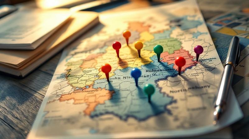 Karte von NRW mit den fünf Regierungsbezirken markiert, Ordner und Stift auf dem Tisch