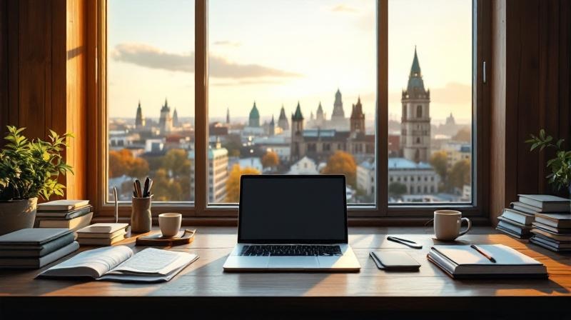 Schreibtisch mit Ordnern und Laptop, Stadtblick auf Dresden im Fenster im Hintergrund