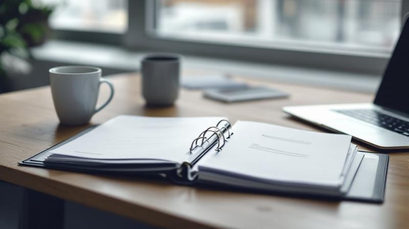 Aufgeklappter Ordner mit Bescheiden, Schreibtisch mit Laptop und einer einfachen Tasse