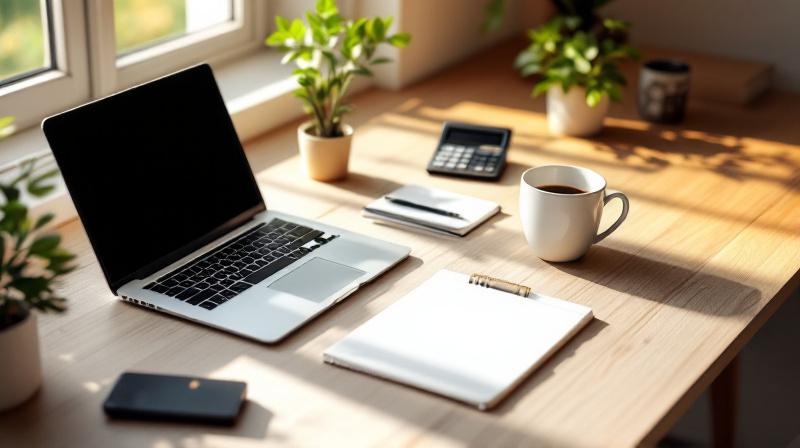 Arbeitsplatz eines Selbstständigen mit Laptop, Notizblock und Taschenrechner