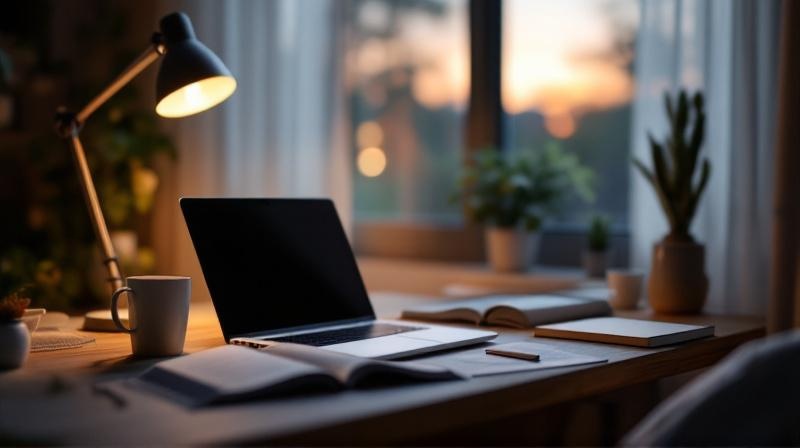 Schreibtisch mit Laptop, Fachbuch und Kaffeebecher am frühen Abend, Lampe leuchtet seitlich