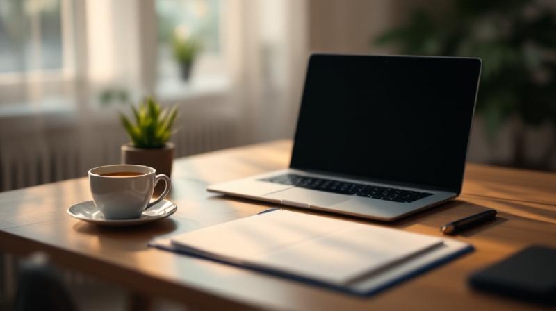Person am Laptop mit Tee und Unterlagen, pausiert Fortbildung vorübergehend