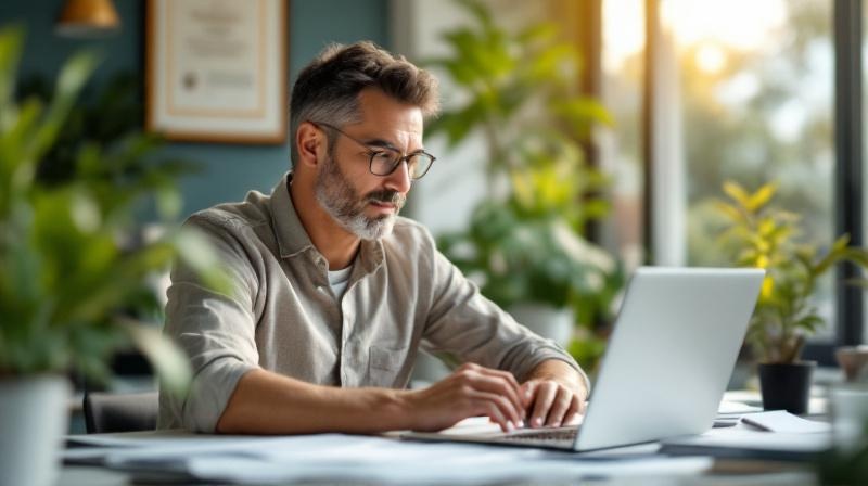 Meister mit Meisterbrief und Laptop plant nächsten kaufmännischen Fortbildungsschritt