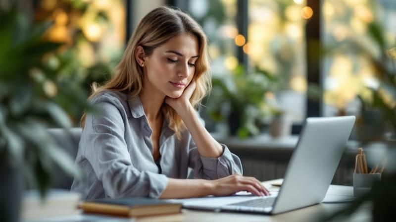 Umschülerin mit Ausbildungsurkunde und Laptop am Schreibtisch, plant nächste Weiterbildungsstufe