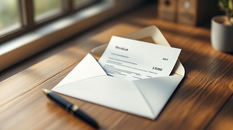 Geöffneter Briefumschlag mit einer Rechnung und einem Stempel, daneben ein Füller auf einem Holztisch