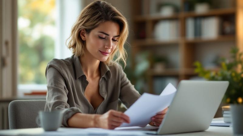 Quereinsteigerin mit Arbeitszeugnissen und Laptop plant Weiterbildung zum Wirtschaftsfachwirt