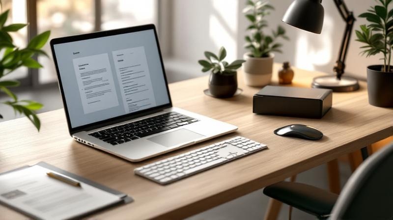 Schreibtisch mit Schwerbehindertenausweis, Laptop und Weiterbildungsunterlagen