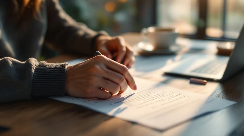 Person am Schreibtisch mit Unterlagen zur Trennung und AFBG-Antrag, konzentriert bei Neuordnung