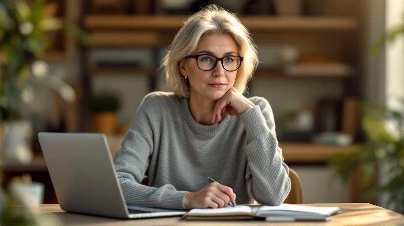 Berufstätige Person Anfang 50 am Schreibtisch mit Laptop und Kursunterlagen