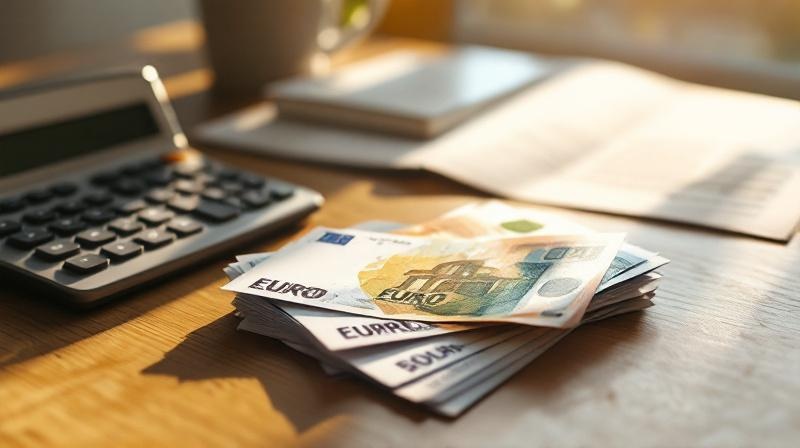 Bündel Geldscheine auf einem Schreibtisch neben einem Taschenrechner und einer Urkunde
