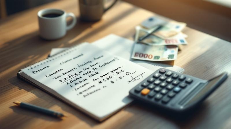 Schreibtisch mit Taschenrechner, Notizblock und Euro-Scheinen vor weiß-blauem Rauten-Muster