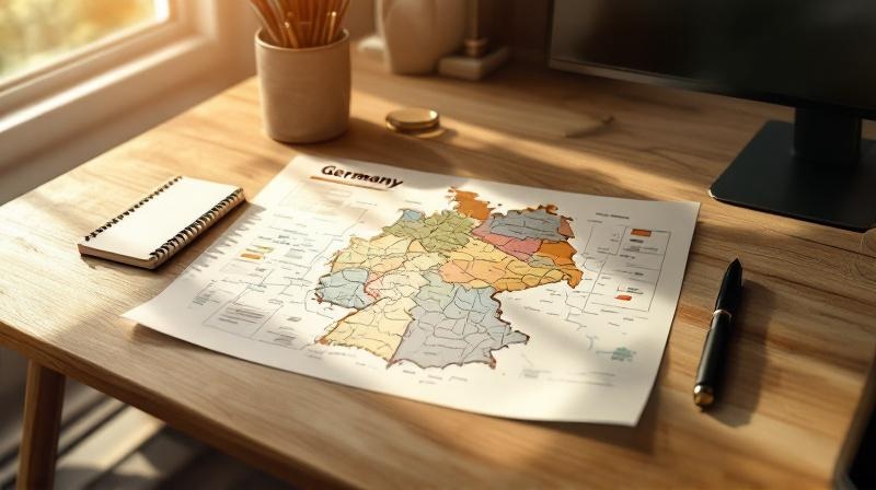 Deutschlandkarte mit Markierungen auf mehreren Bundesländern, daneben ein Notizblock