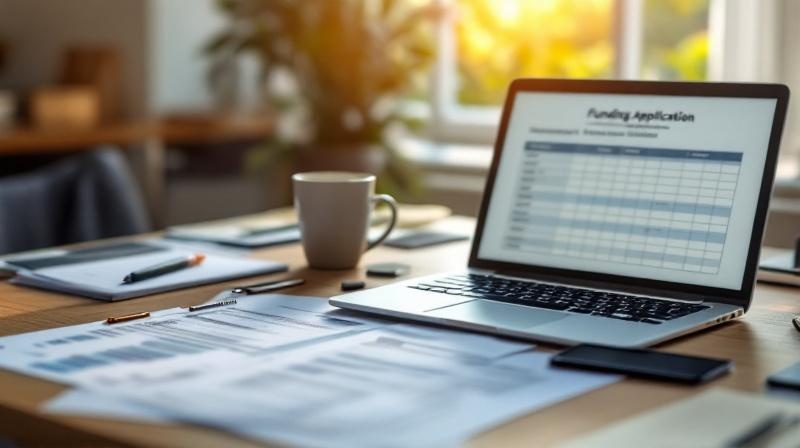 Schreibtisch mit Laptop, Förderantragspapieren und Kaffeetasse, ruhiges Morgenlicht