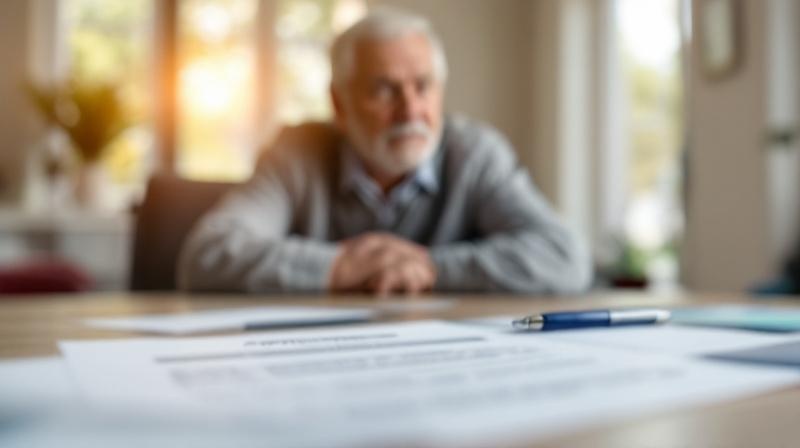 Älterer Elternteil im Hintergrund unscharf, Vordergrund Schreibtisch mit Antragsunterlagen und Formular