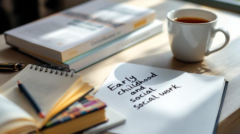 Fachbücher zum Erzieherberuf und Notizen auf einem hellen Schreibtisch