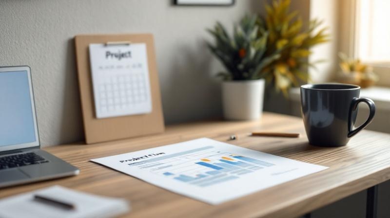 Schreibtisch mit Projektplan, Laptop und Kalender, warmes Bürolicht