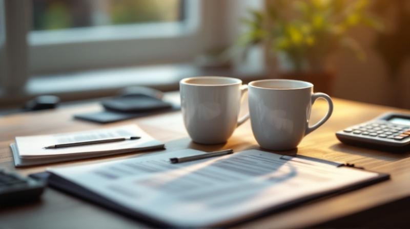 Zwei Kaffeetassen auf einem Schreibtisch neben Unterlagen und Taschenrechner, warmes Licht