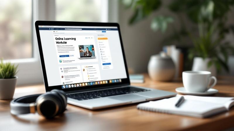 Laptop mit geöffnetem Online-Lernmodul, Notizbuch und Kaffee am Homeoffice-Tisch