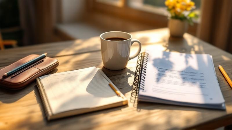 Schreibtisch mit Hausaufgabenheft eines Kindes und einem Fortbildungsordner, Tasse Kaffee daneben