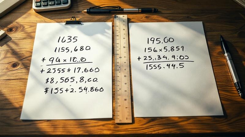 Zwei handschriftliche Kalkulationen auf einem Schreibtisch gegenübergestellt, links höhere Summen, rechts niedrigere