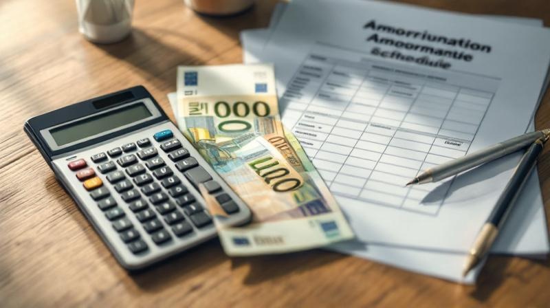 Geldscheine und Taschenrechner auf einem Holzschreibtisch, daneben ein Tilgungsplan