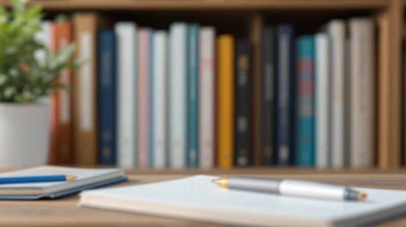 Geordnete Fachbücher im Regal, davor ein Notizbuch und Stift auf dem Tisch