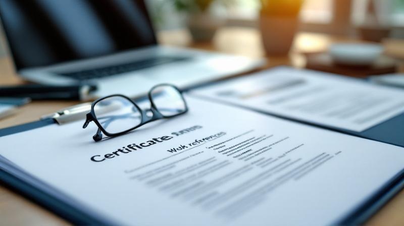 Arbeitsplatz mit Aktenordnern, Zeugnismappe und Laptop, gedämpftes Tageslicht