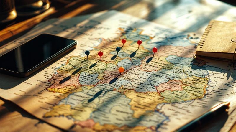 Landkarte Deutschlands mit Markierungen in verschiedenen Bundesländern, Smartphone und Notizblock daneben